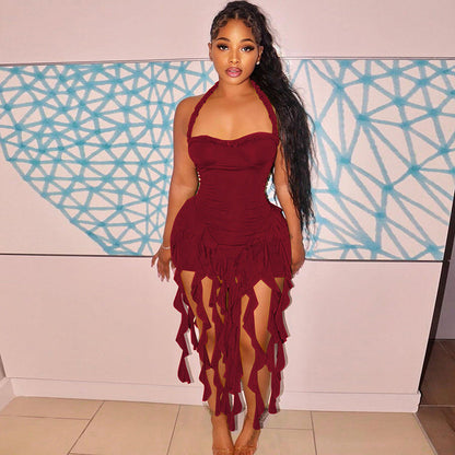Halter neck ruffled fitted dress