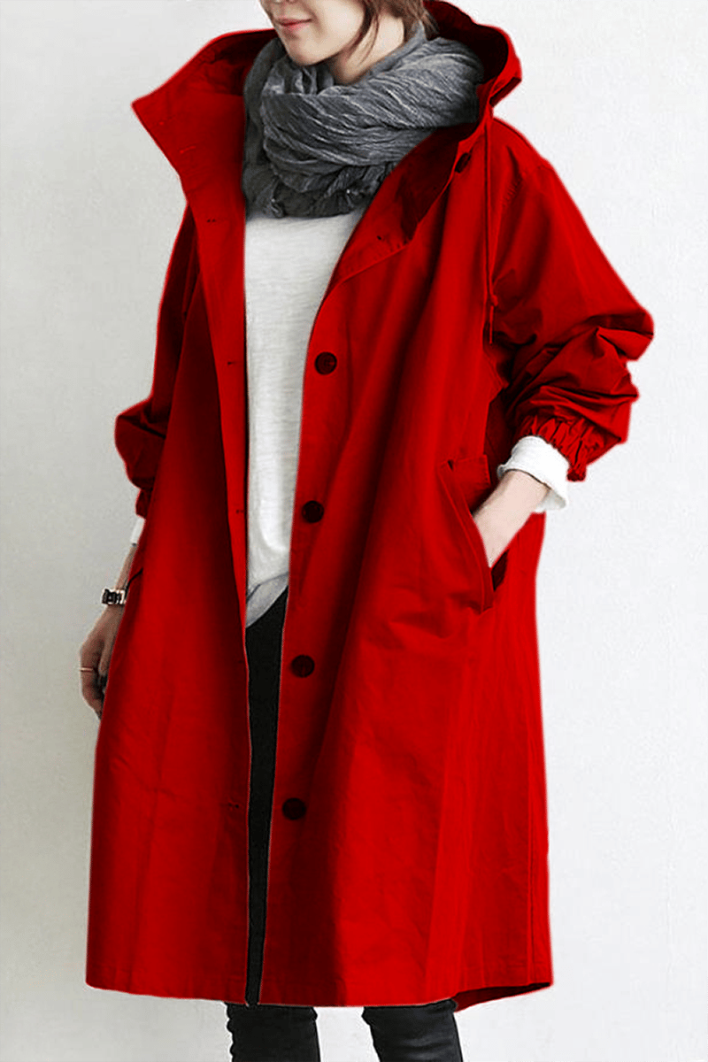 Mid-Length Hooded Jacket with Button Front and Shortened Sleeves