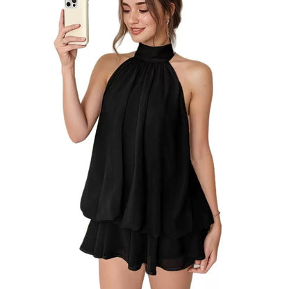 Backless halter-neck layered ruffle dress