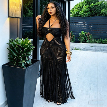 Knitted openwork tie-up tassel long skirt