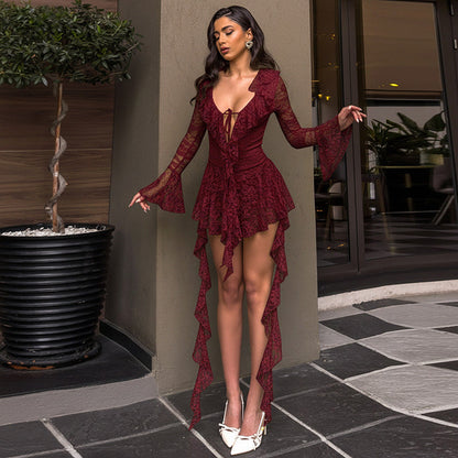 Deep V-neck Lace Ruffle Tie-up Long Sleeve Mini Dress