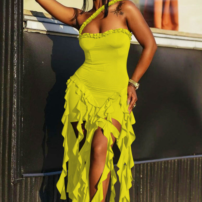 Halter neck ruffled fitted dress