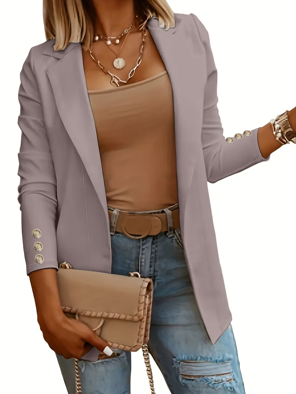 Mid-Length Lapel Coat with Decorative Button Cuffs
