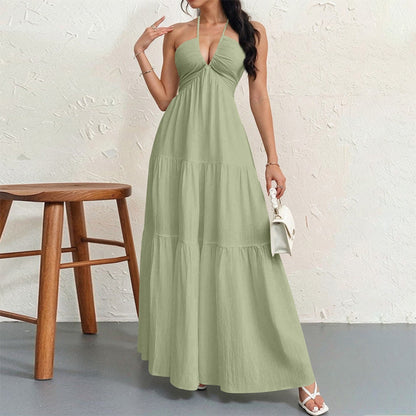 Backless halter-neck layered flowing long dress