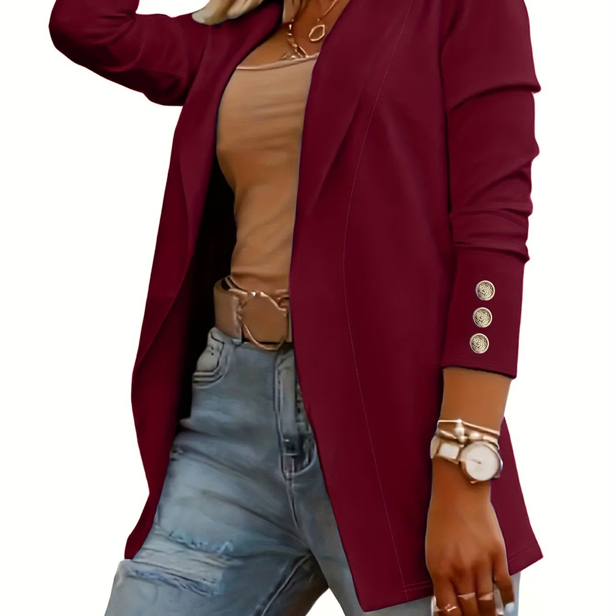 Mid-Length Lapel Coat with Decorative Button Cuffs