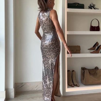 Sleeveless sequined leopard print bodycon maxi dress
