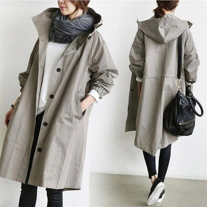 Mid-Length Hooded Jacket with Button Front and Shortened Sleeves
