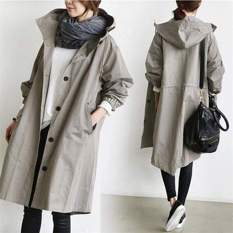 Mid-Length Hooded Jacket with Button Front and Shortened Sleeves