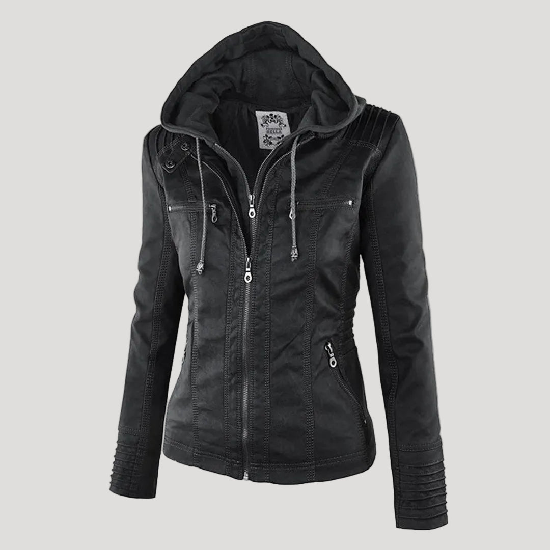 Faux Leather Jacket with Removable Hood and Water-Resistant Coating