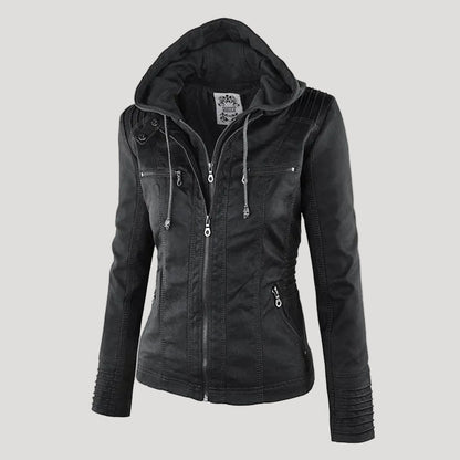 Faux Leather Jacket with Removable Hood and Water-Resistant Coating