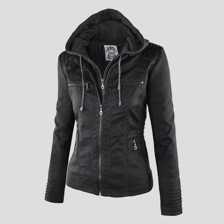 Faux Leather Jacket with Removable Hood and Water-Resistant Coating