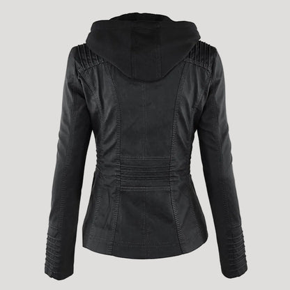 Faux Leather Jacket with Removable Hood and Water-Resistant Coating