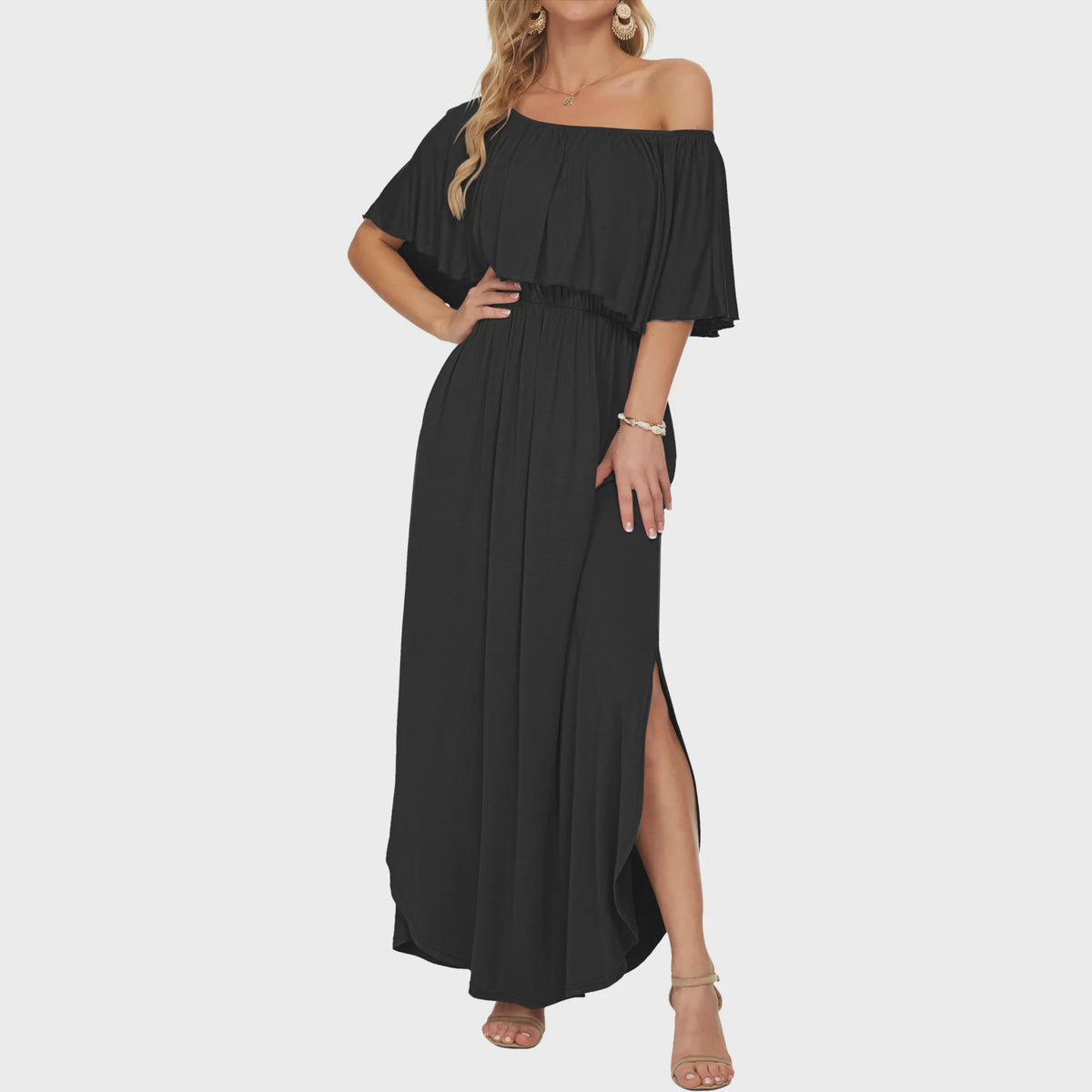Off the shoulder side slit long dress