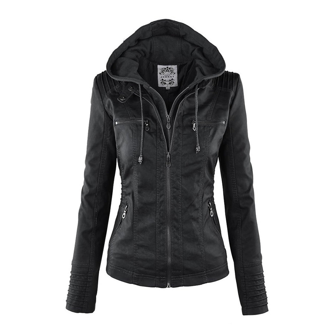 Faux Leather Jacket with Removable Hood and Water-Resistant Coating