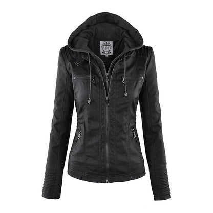 Faux Leather Jacket with Removable Hood and Water-Resistant Coating