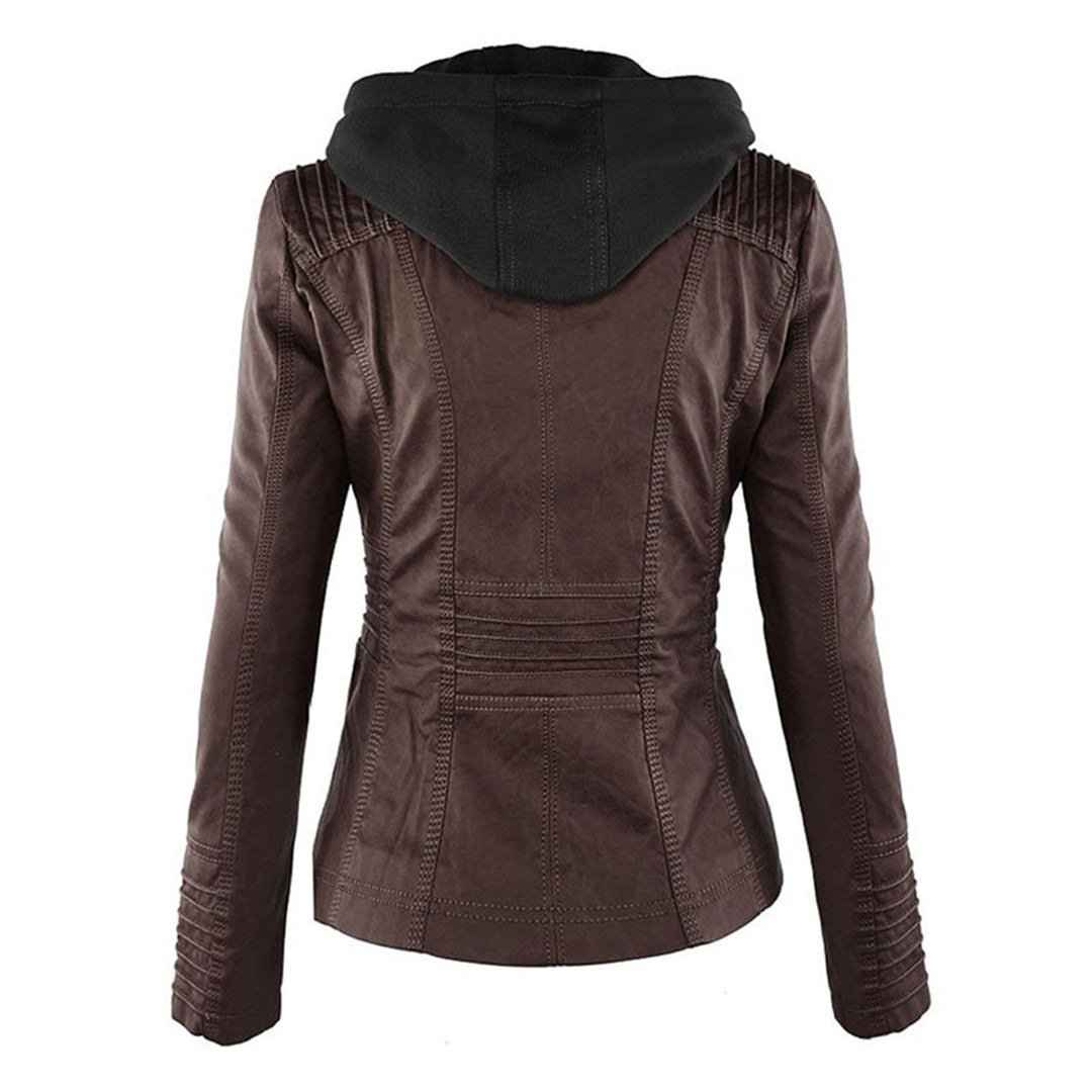 Faux Leather Jacket with Removable Hood and Water-Resistant Coating