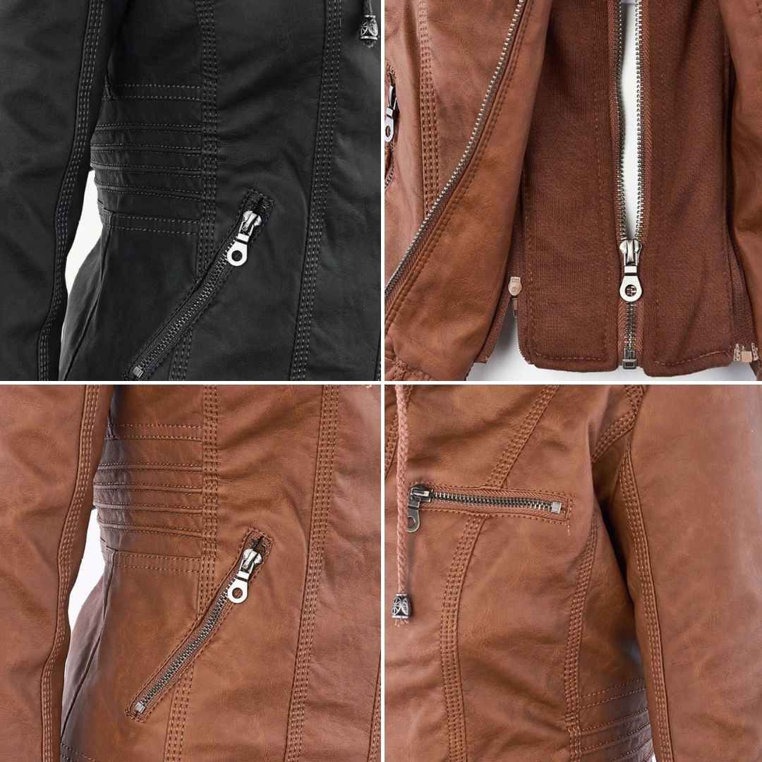 Faux Leather Jacket with Removable Hood and Water-Resistant Coating
