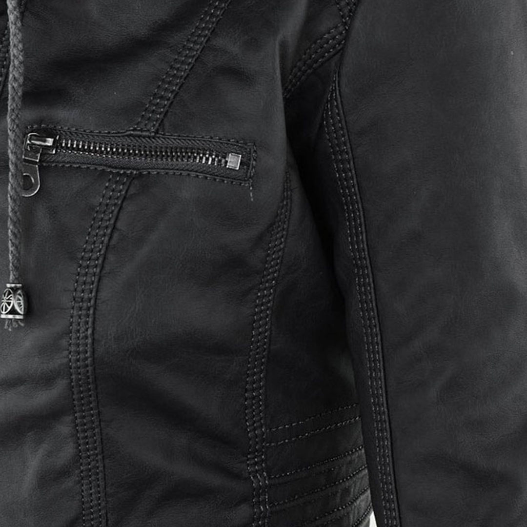 Faux Leather Jacket with Removable Hood and Water-Resistant Coating