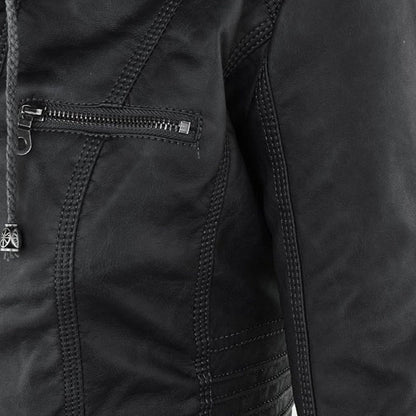 Faux Leather Jacket with Removable Hood and Water-Resistant Coating