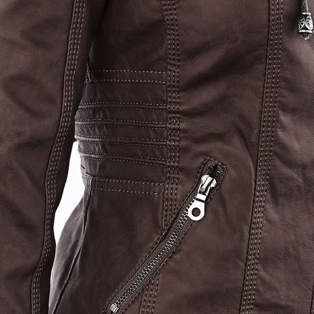 Faux Leather Jacket with Removable Hood and Water-Resistant Coating