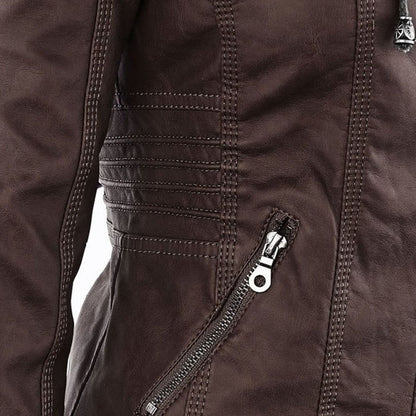 Faux Leather Jacket with Removable Hood and Water-Resistant Coating