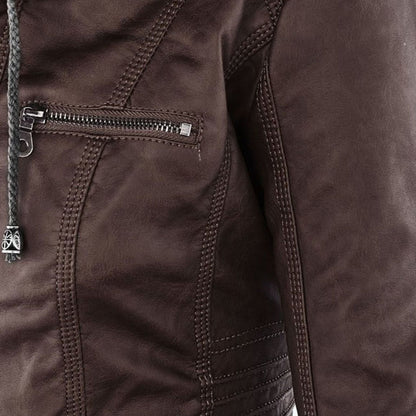Faux Leather Jacket with Removable Hood and Water-Resistant Coating