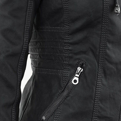 Faux Leather Jacket with Removable Hood and Water-Resistant Coating