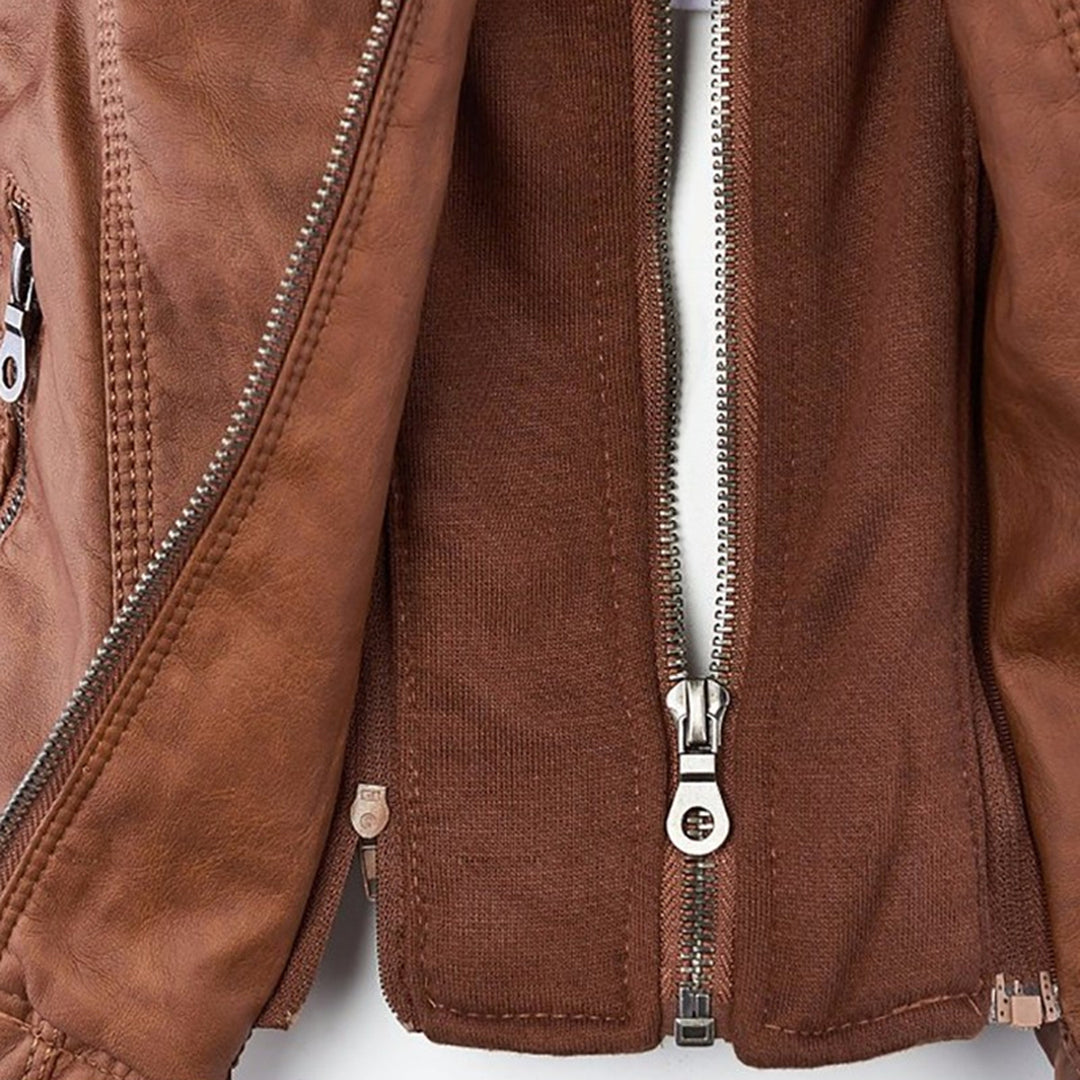 Faux Leather Jacket with Removable Hood and Water-Resistant Coating