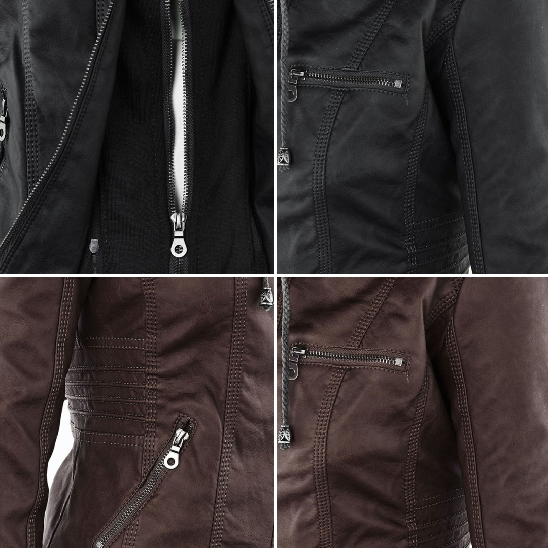 Faux Leather Jacket with Removable Hood and Water-Resistant Coating