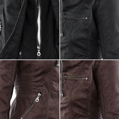 Faux Leather Jacket with Removable Hood and Water-Resistant Coating