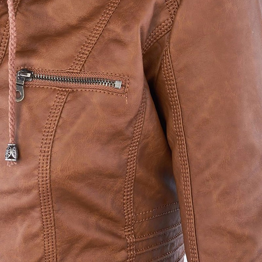 Faux Leather Jacket with Removable Hood and Water-Resistant Coating