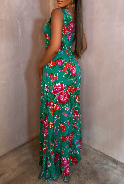 She's So Fancy Multi Rose Print Ruched Waist Over Skirt Jumpsuit