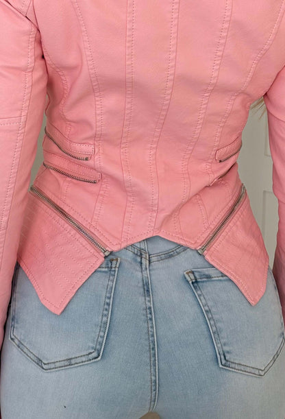 You're So Gone Pink Fitted Faux Leather Biker Jacket