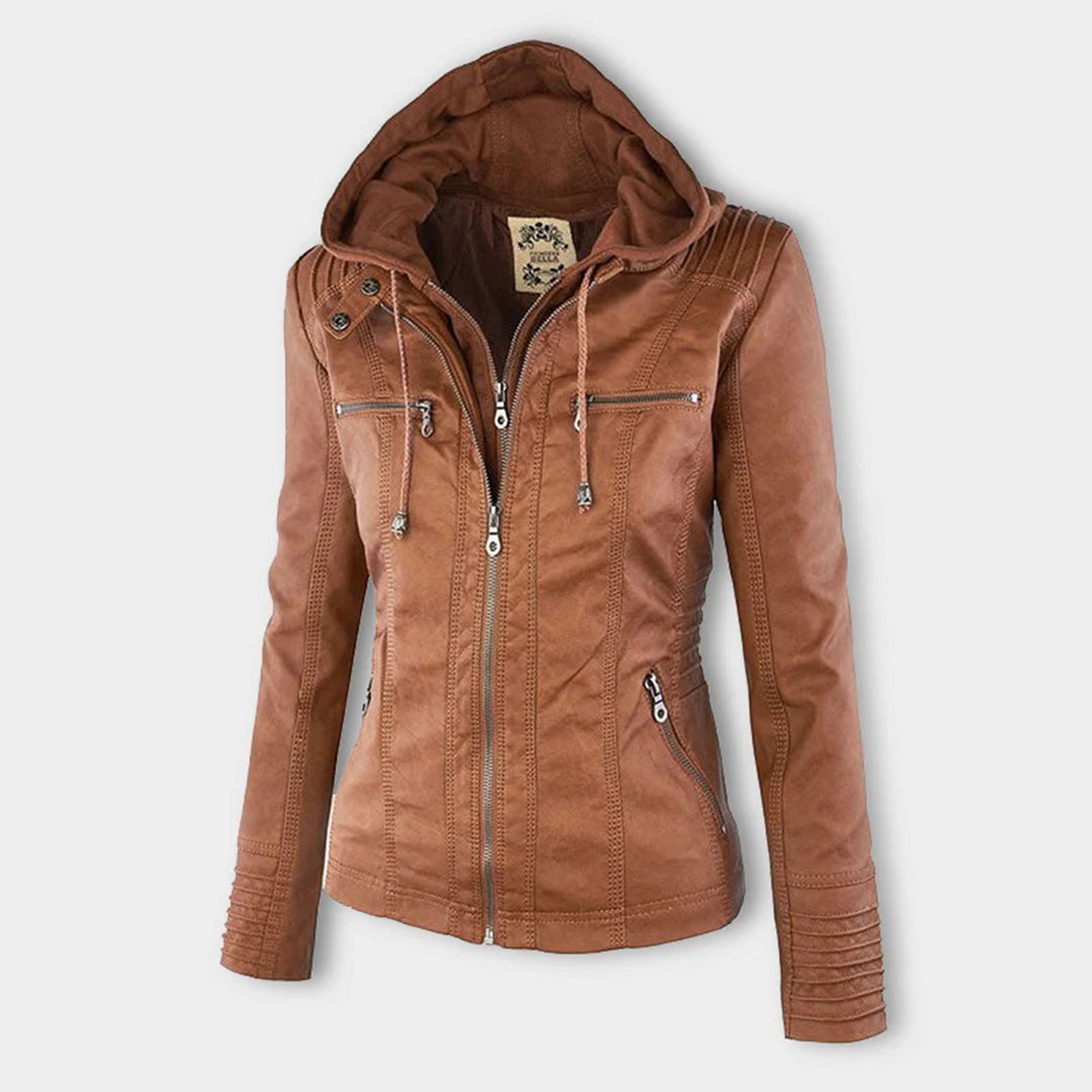 Faux Leather Jacket with Removable Hood and Water-Resistant Coating