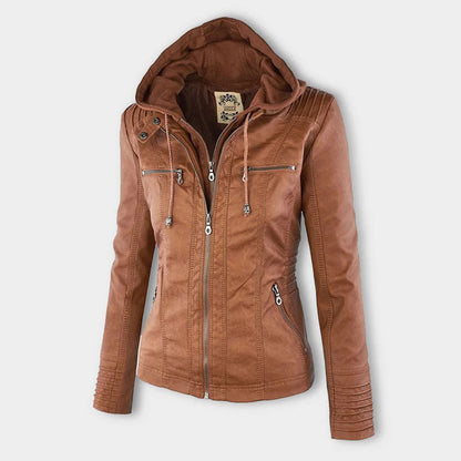 Faux Leather Jacket with Removable Hood and Water-Resistant Coating