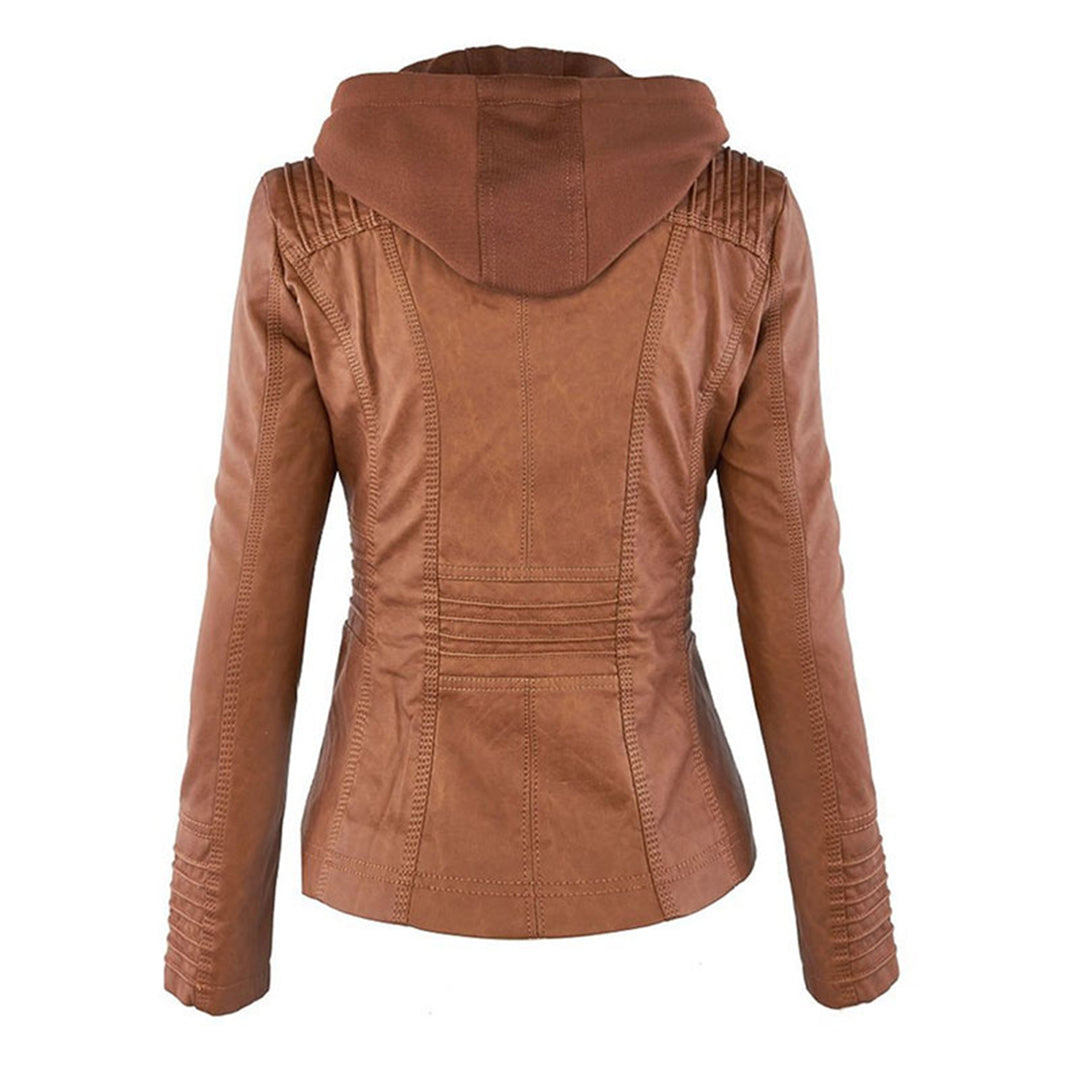 Faux Leather Jacket with Removable Hood and Water-Resistant Coating