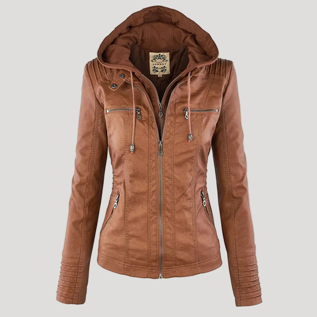 Faux Leather Jacket with Removable Hood and Water-Resistant Coating