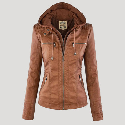 Faux Leather Jacket with Removable Hood and Water-Resistant Coating