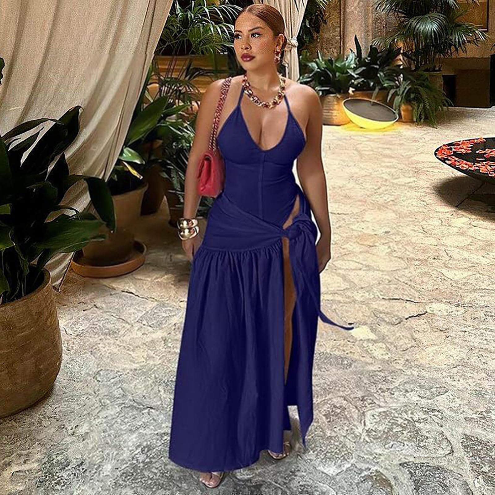 Backless Halter Bodysuit  High Slit Tie Waist Maxi Skirt Set