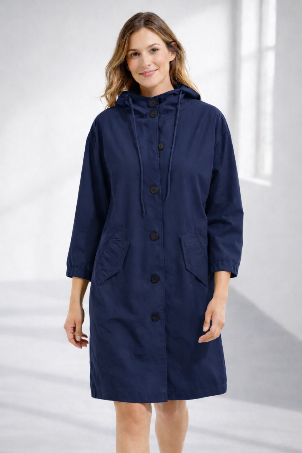 Mid-Length Hooded Jacket with Button Front and Shortened Sleeves