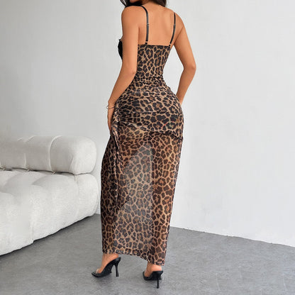 Leopard Lace Corset Mesh Maxi Dress