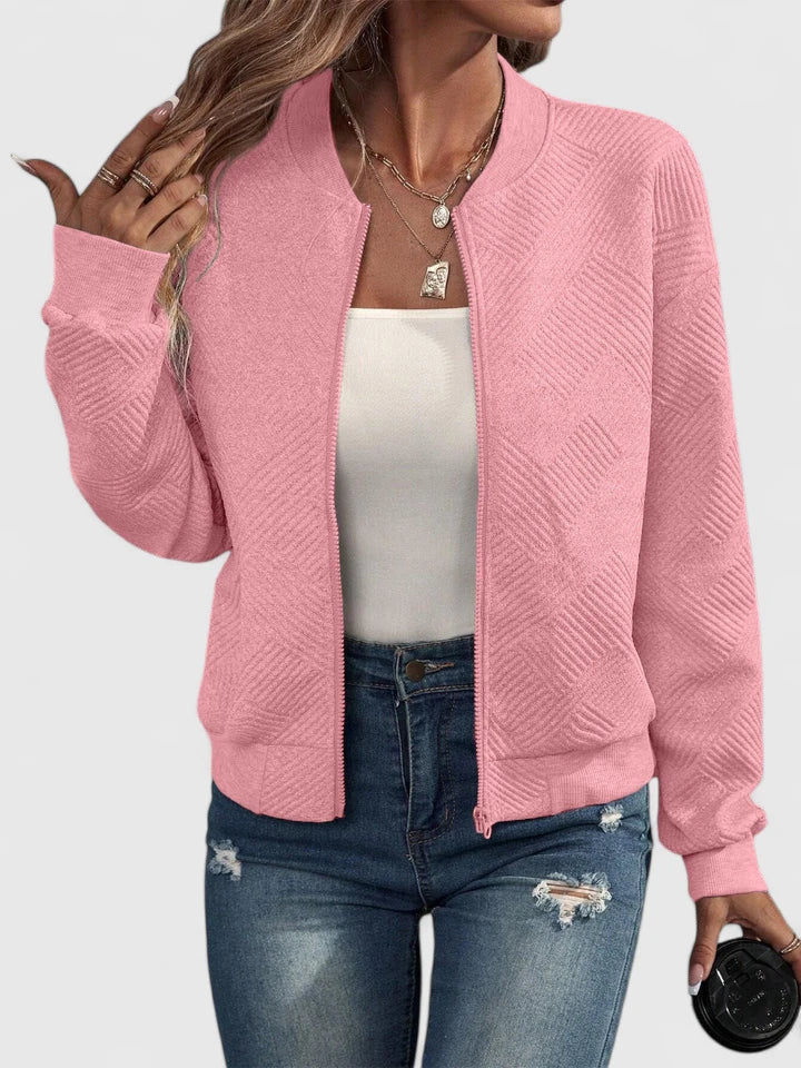 Textured Geometric Bomber Jacket with Ribbed Collar