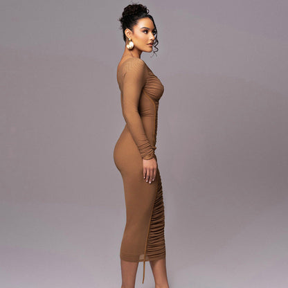 Contrast Piping Sheer Mesh Ruched Midi Dress