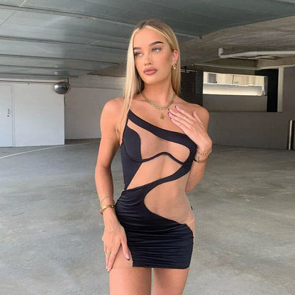 Asymmetric Sheer Mesh Bodycon Mini Dress