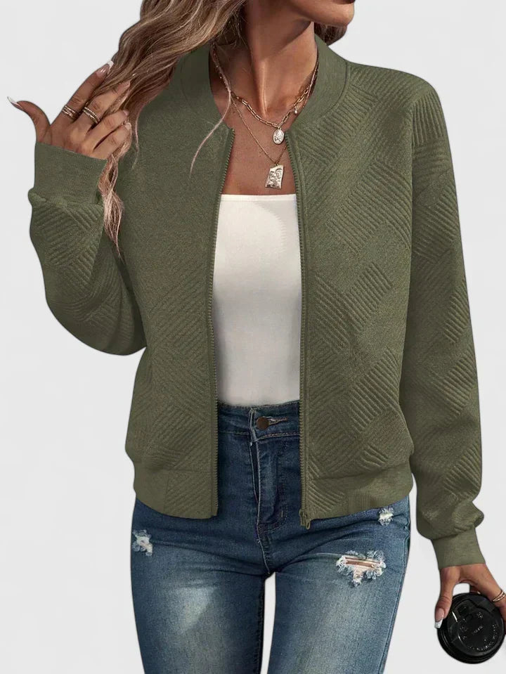 Textured Geometric Bomber Jacket with Ribbed Collar