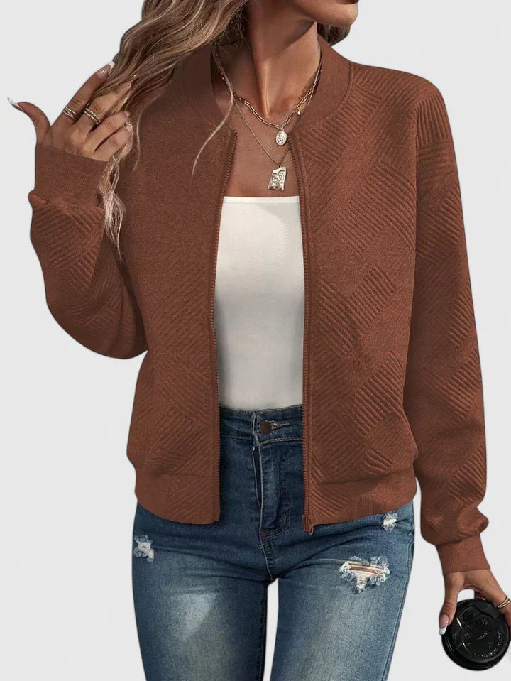 Textured Geometric Bomber Jacket with Ribbed Collar
