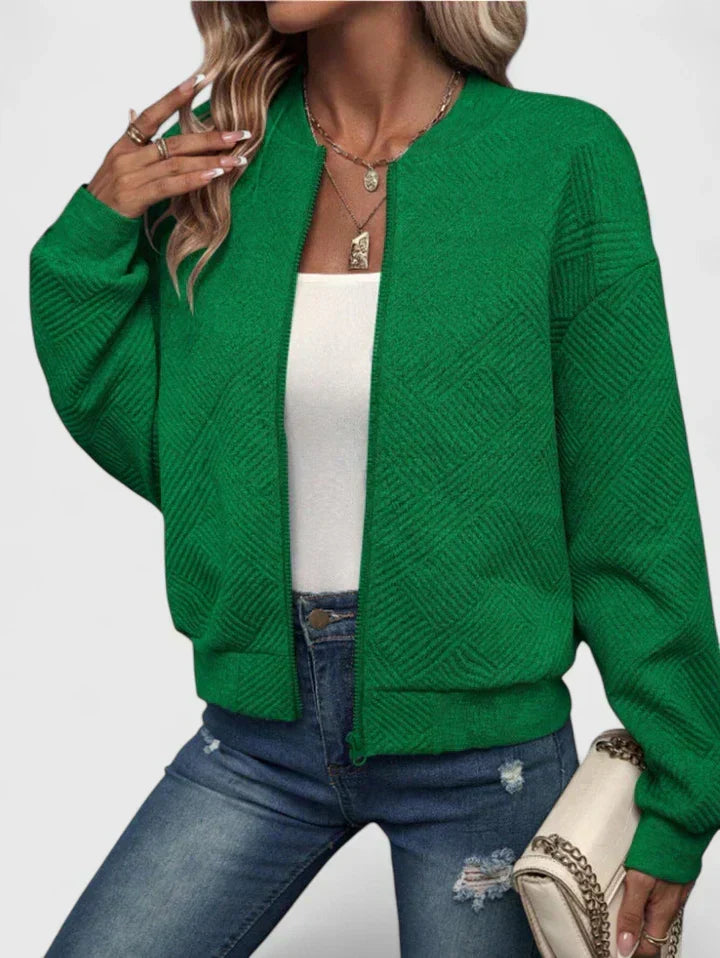 Textured Geometric Bomber Jacket with Ribbed Collar