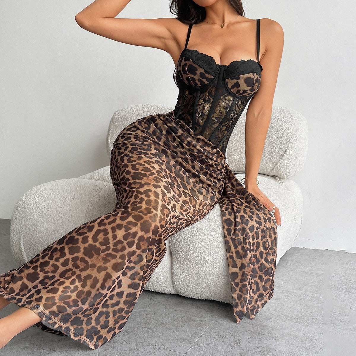 Leopard Lace Corset Mesh Maxi Dress