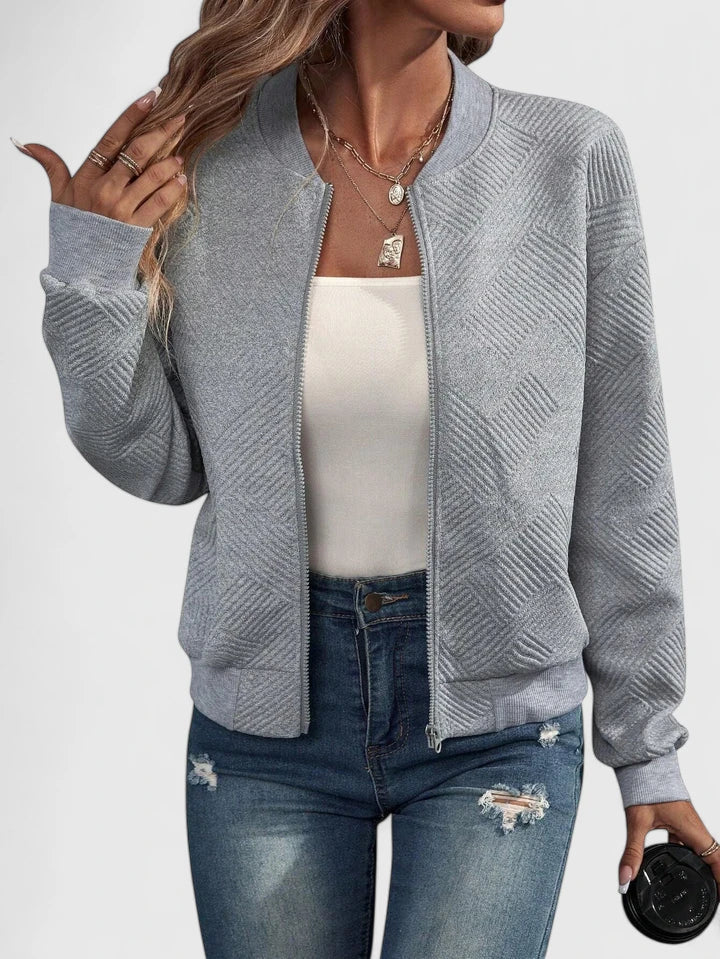 Textured Geometric Bomber Jacket with Ribbed Collar