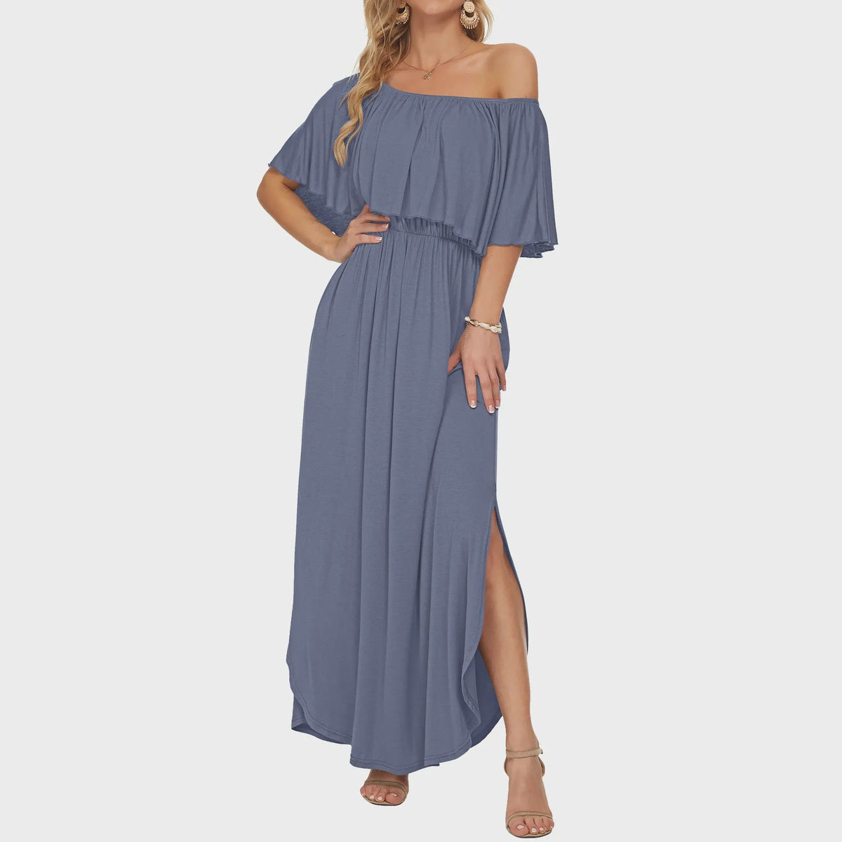 Off the shoulder side slit long dress